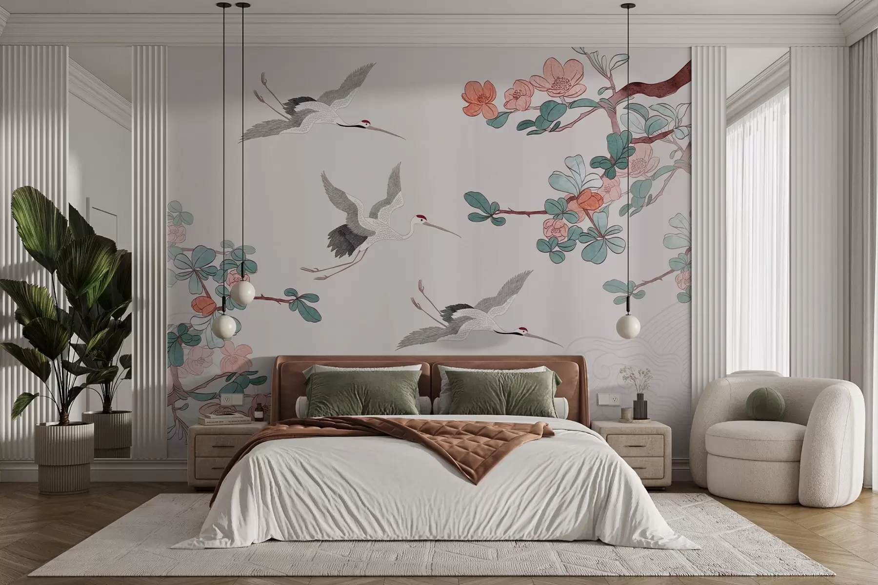 murais de parede Ramos com flores e grous em estilo japonês w03103