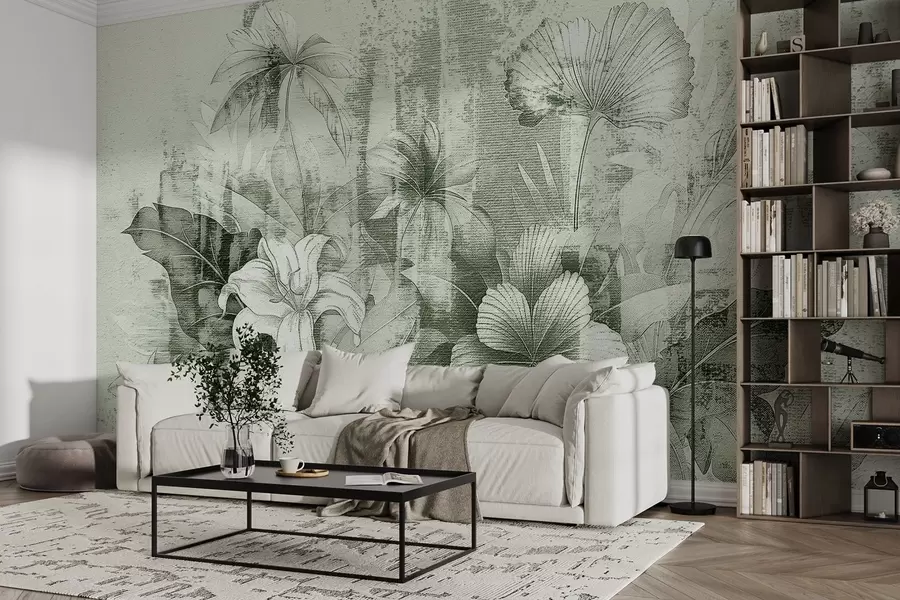 murais de parede Design vintage com flores e plantas exóticas w08767v3