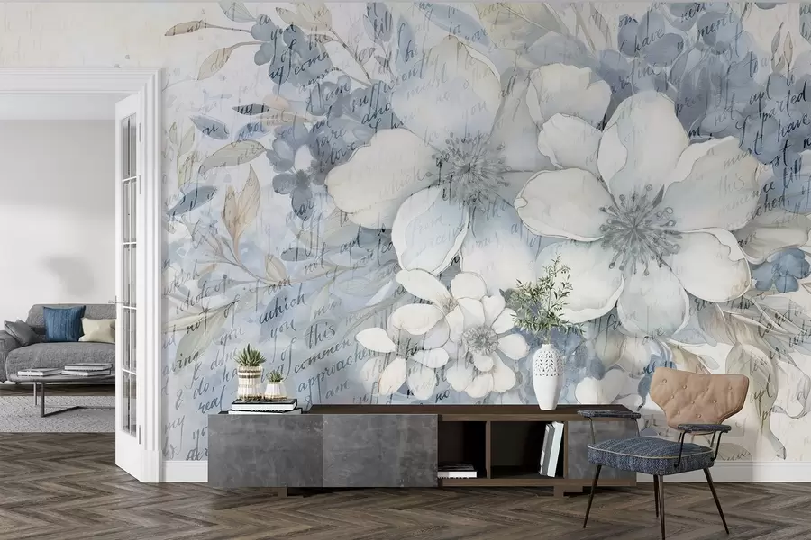 murais de parede Uma imitação suave de parede com textura de flores brancas e azuis, sobre um fundo pálido com um texto manuscrito ténue w08771