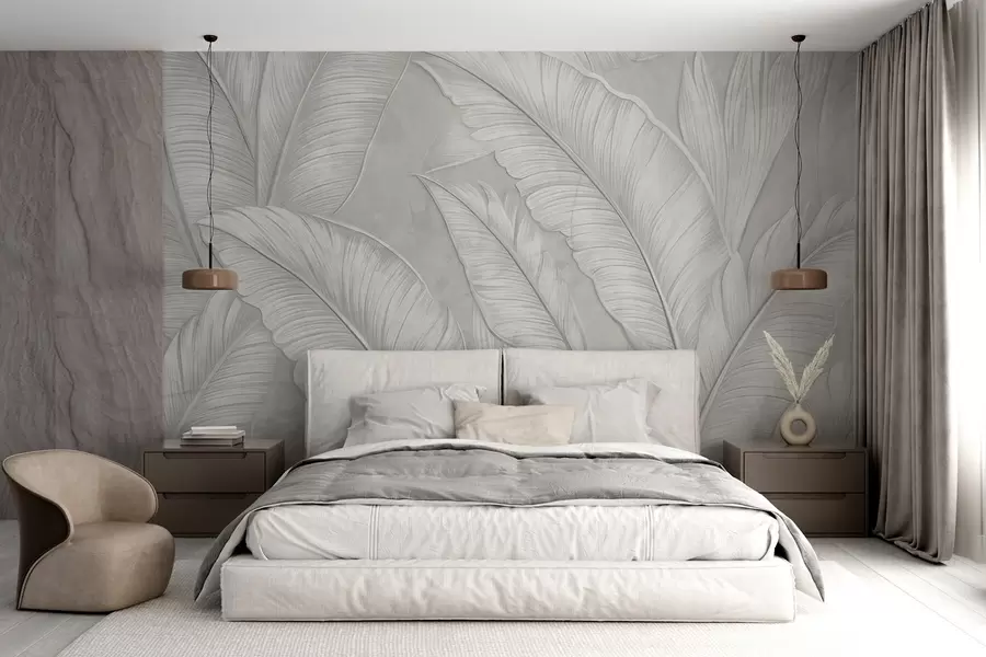 murais de parede Folhas tropicais grandes e pormenorizadas com textura elevada numa cor cinzenta clara monocromática em estilo loft  w08772
