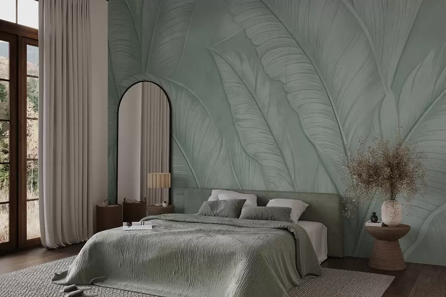 murais de parede Folhas tropicais grandes e pormenorizadas, com uma textura elevada, numa cor verde monocromática em estilo loft  w08772v1