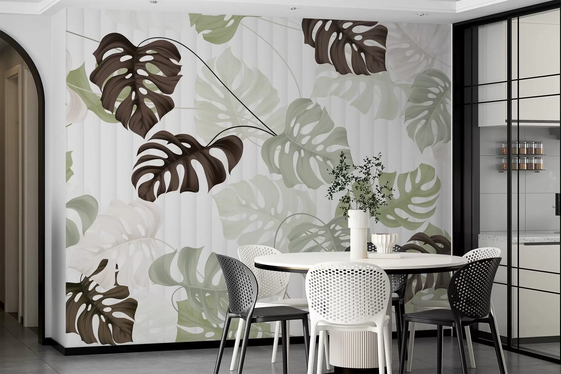 murais de parede Folhas de Monstera em tons de verde, branco e castanho-escuro, sobre um fundo claro com textura às riscas w08773