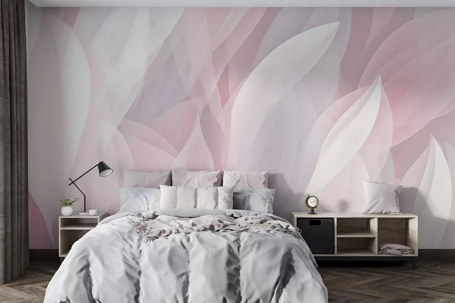 murais de parede Desenho abstrato com formas suaves de pétalas em tons de rosa e branco, criando um efeito de camadas w08774