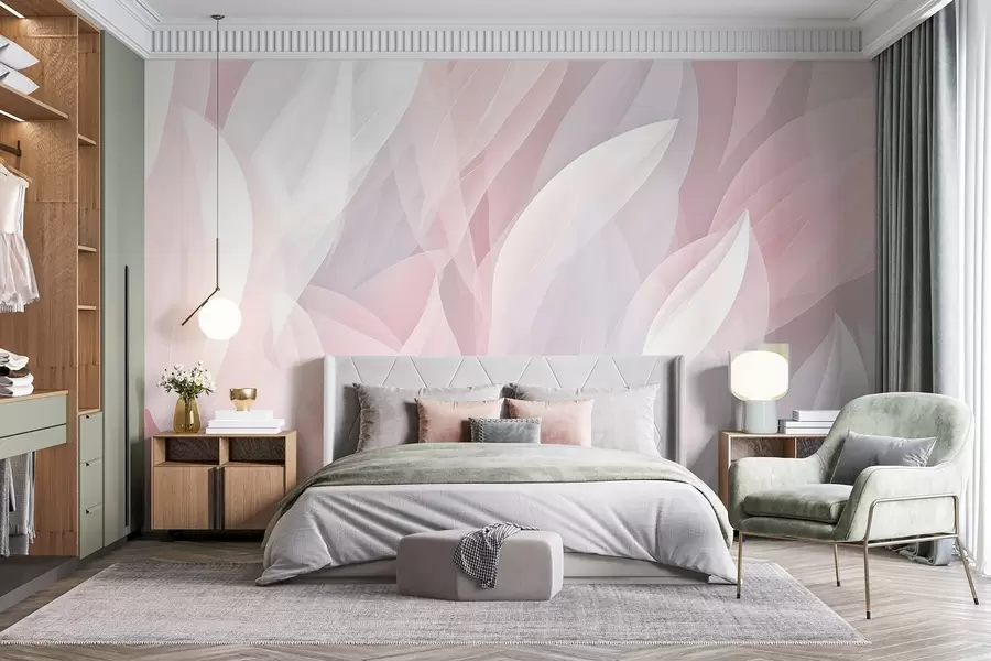 murais de parede Desenho abstrato com formas suaves de pétalas em tons de rosa e branco, criando um efeito de camadas w08774