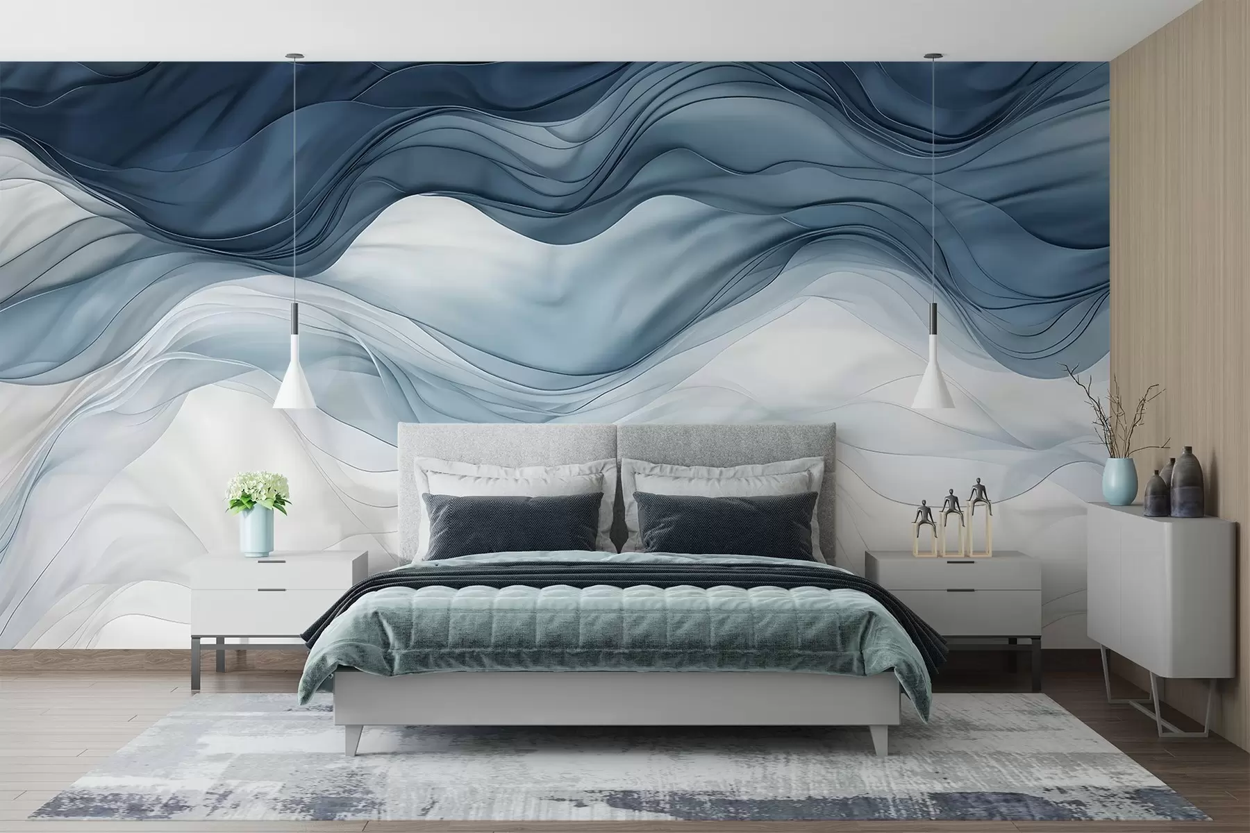 murais de parede Ondas fluidas de texturas translúcidas em tons de azul escuro, azul claro e branco sobre um fundo claro  w08775