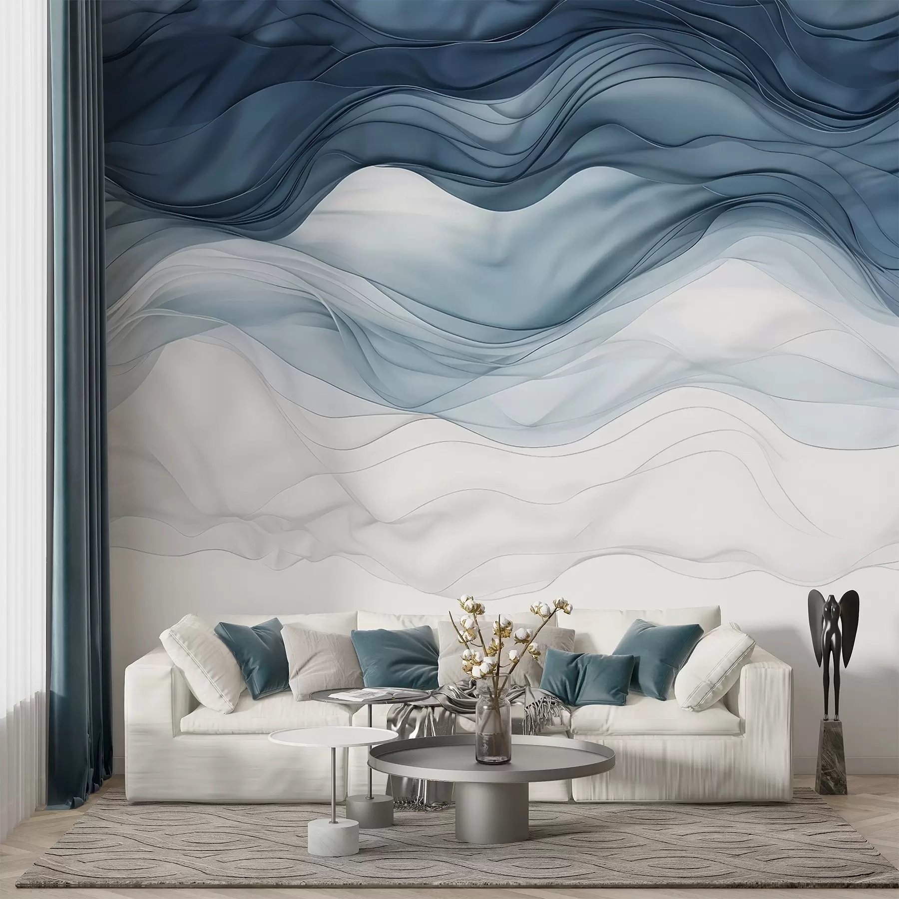 murais de parede Ondas fluidas de texturas translúcidas em tons de azul escuro, azul claro e branco sobre um fundo claro  w08775