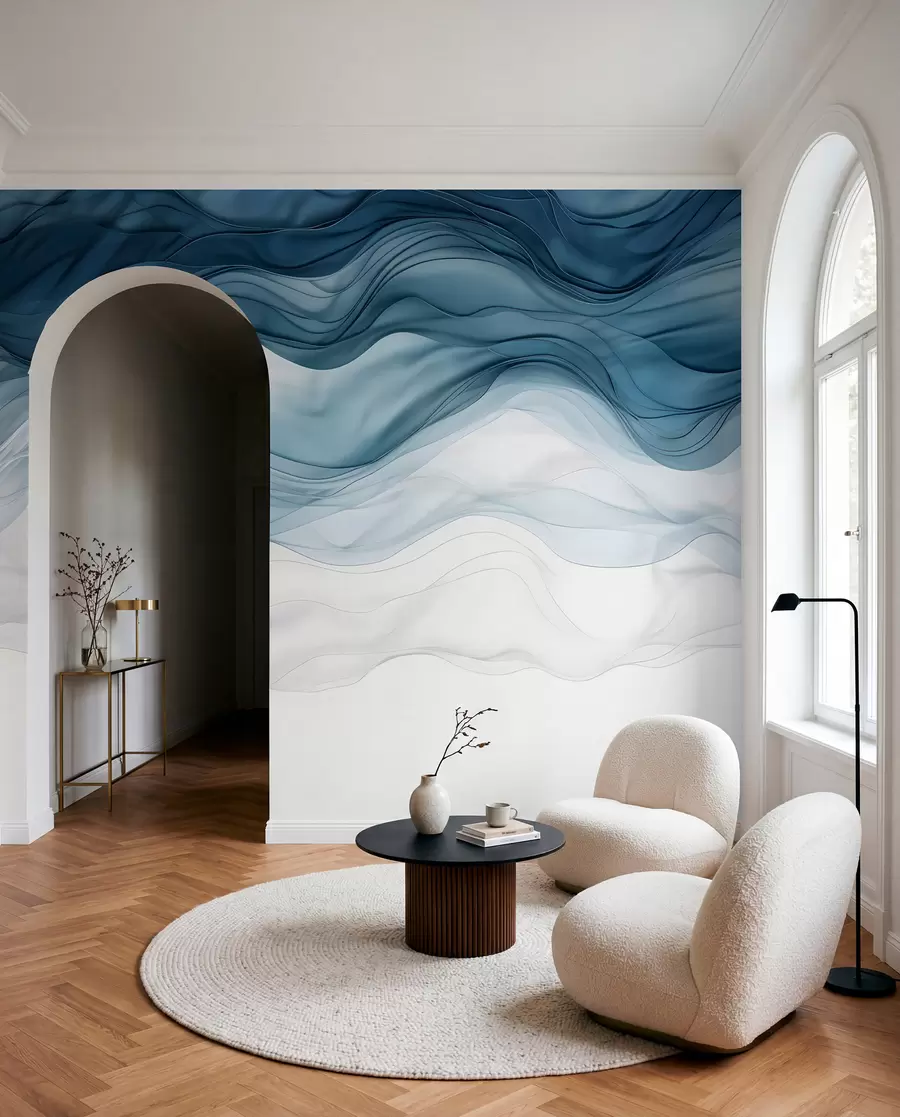 murais de parede Ondas fluidas de texturas translúcidas em tons de azul escuro, azul claro e branco sobre um fundo claro  w08775
