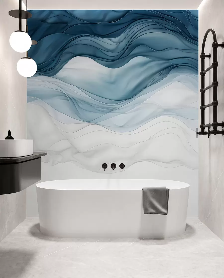 murais de parede Ondas fluidas de texturas translúcidas em tons de azul escuro, azul claro e branco sobre um fundo claro  w08775