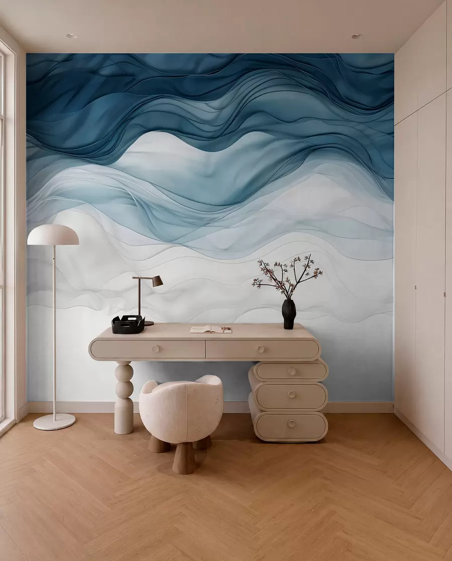 murais de parede Ondas fluidas de texturas translúcidas em tons de azul escuro, azul claro e branco sobre um fundo claro  w08775