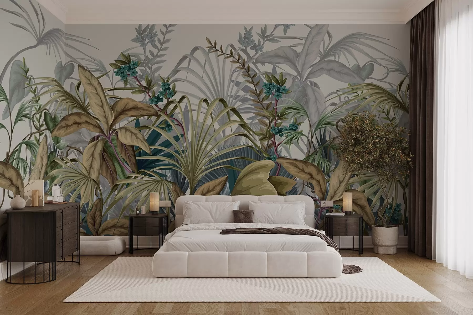 murais de parede Arranjo de várias plantas tropicais com folhas grandes e vibrantes, criando um cenário de folhagem exuberante num fundo bege claro  w08777v1