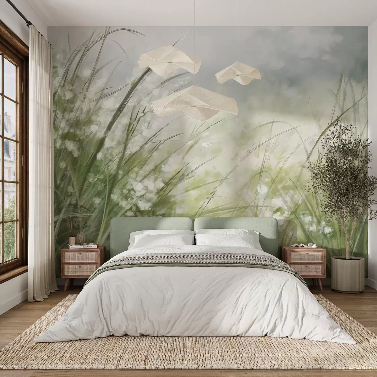 murais de parede Relva verde luxuriante com delicadas flores brancas, impressão suavemente esbatida com tons claros, criando uma paisagem tranquila w08779