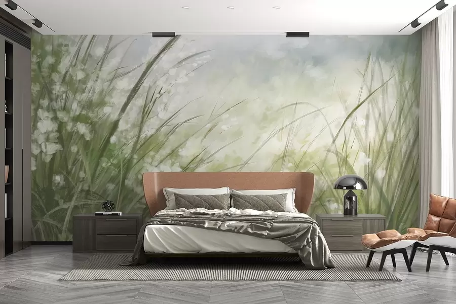 murais de parede Relva verde luxuriante com delicadas flores brancas, impressão suavemente esbatida com tons claros, criando uma paisagem tranquila w08779