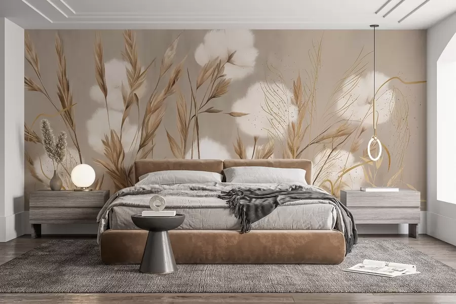 murais de parede Flores brancas de algodão macio e fofo e ervas altas com espiguetas cor de laranja num fundo bege com uma textura suave w08784