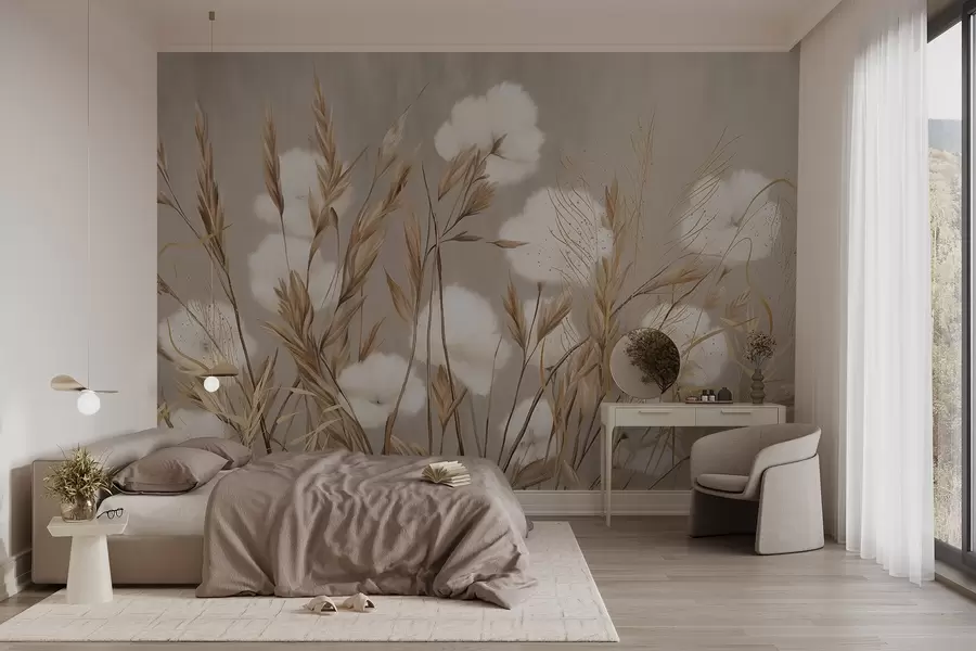 murais de parede Flores brancas de algodão macio e fofo e ervas altas com espiguetas cor de laranja num fundo bege com uma textura suave w08784