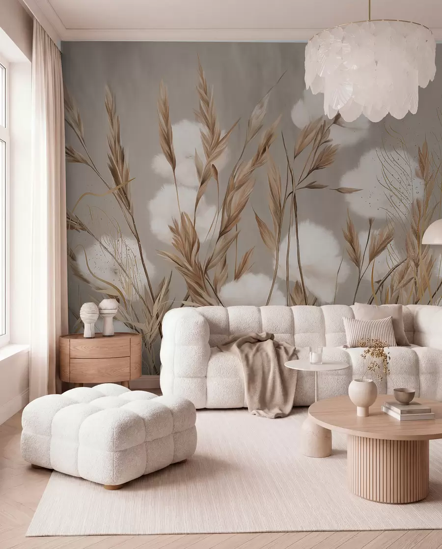 murais de parede Flores brancas de algodão macio e fofo e ervas altas com espiguetas cor de laranja num fundo bege com uma textura suave w08784