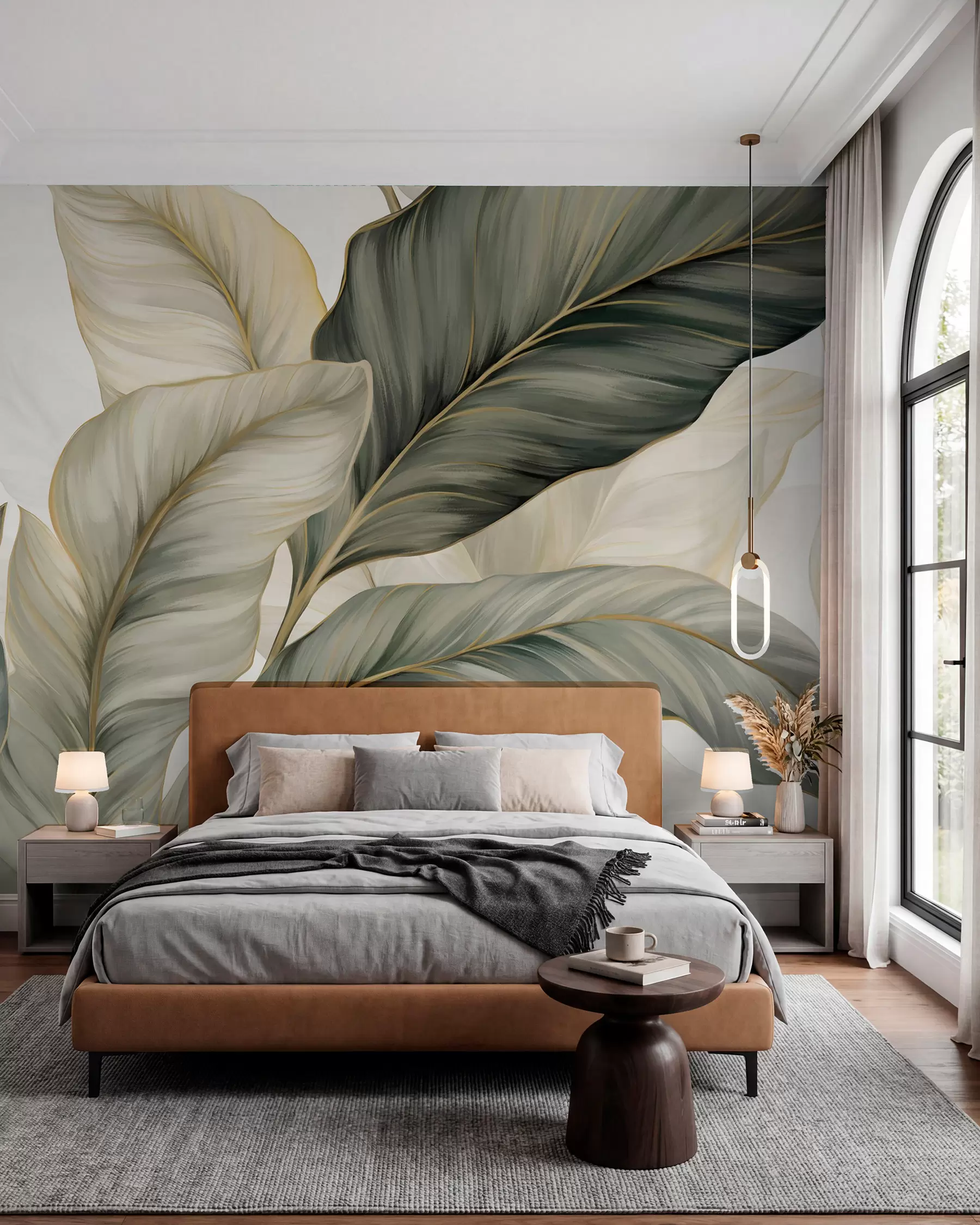 murais de parede Folhas grandes, estilizadas e texturadas com veios pormenorizados em vários tons de verde, creme e bege w08785