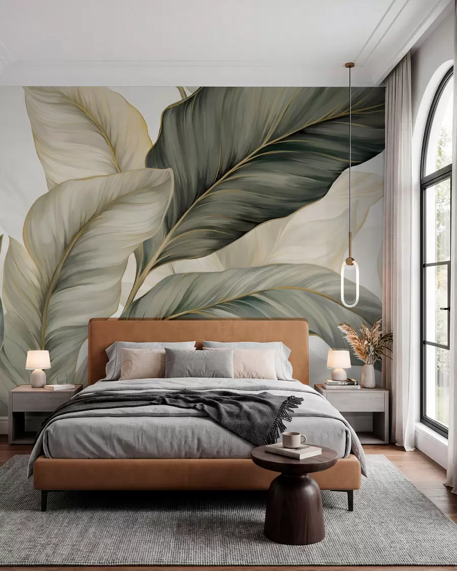 murais de parede Folhas grandes, estilizadas e texturadas com veios pormenorizados em vários tons de verde, creme e bege w08785