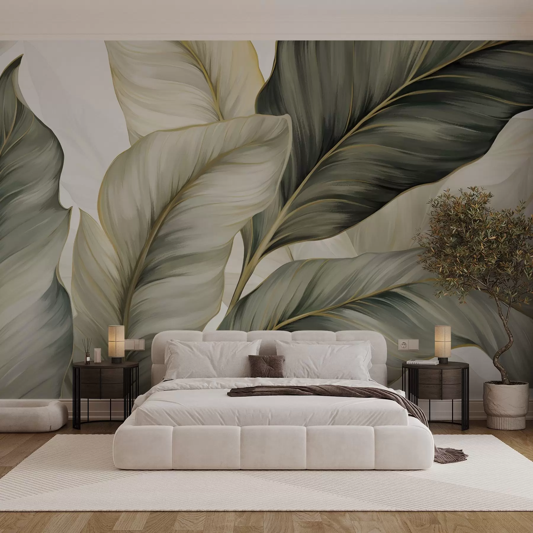 murais de parede Folhas grandes, estilizadas e texturadas com veios pormenorizados em vários tons de verde, creme e bege w08785