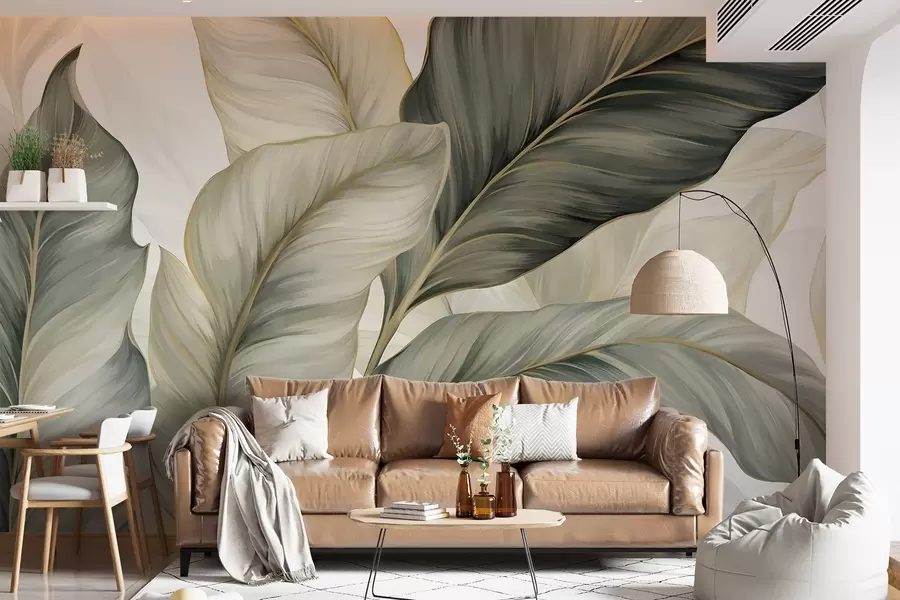 murais de parede Folhas grandes, estilizadas e texturadas com veios pormenorizados em vários tons de verde, creme e bege w08785