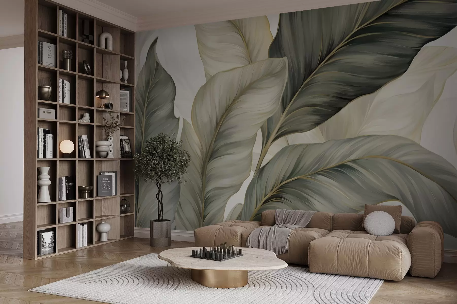 murais de parede Folhas grandes, estilizadas e texturadas com veios pormenorizados em vários tons de verde, creme e bege w08785