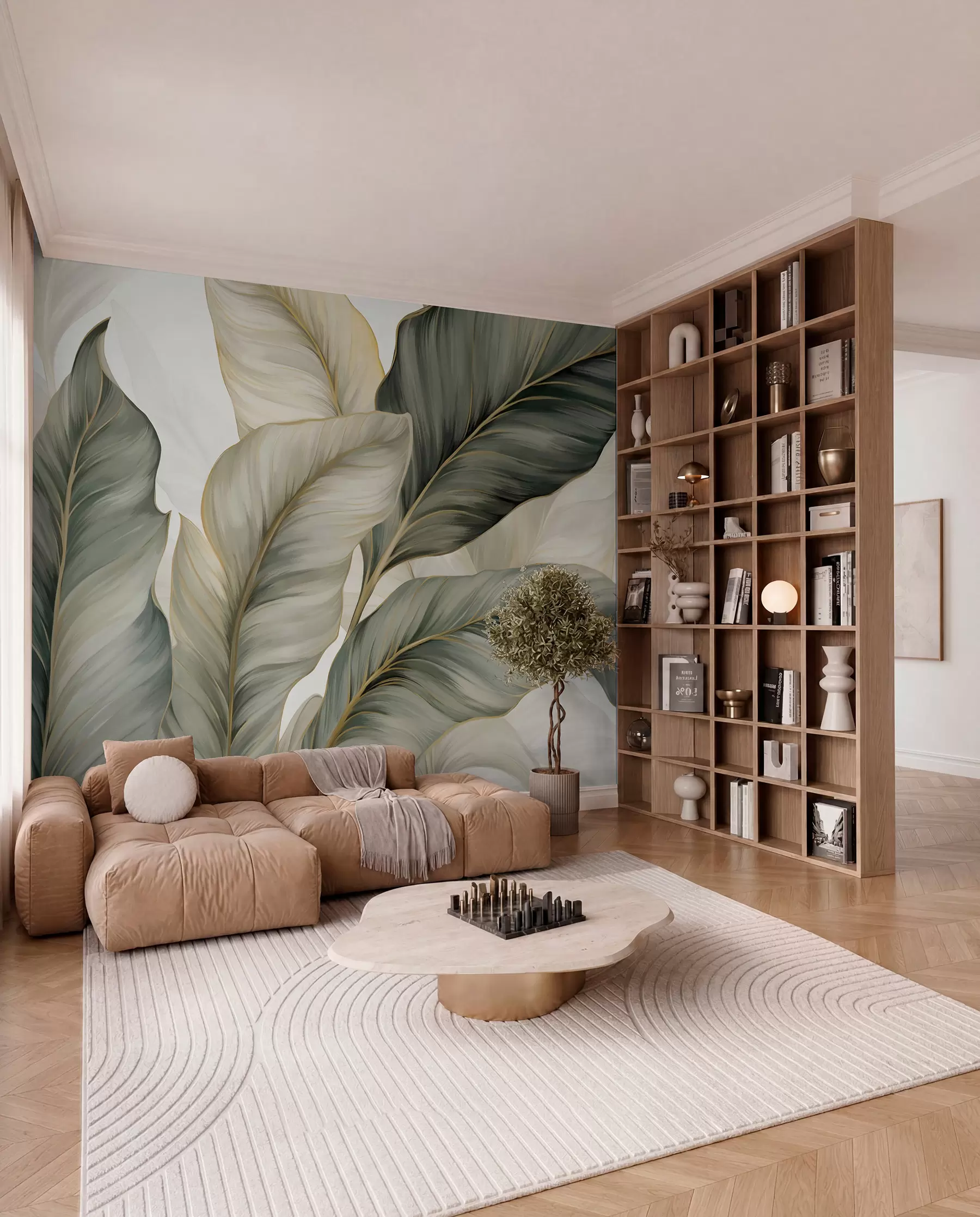 murais de parede Folhas grandes, estilizadas e texturadas com veios pormenorizados em vários tons de verde, creme e bege w08785