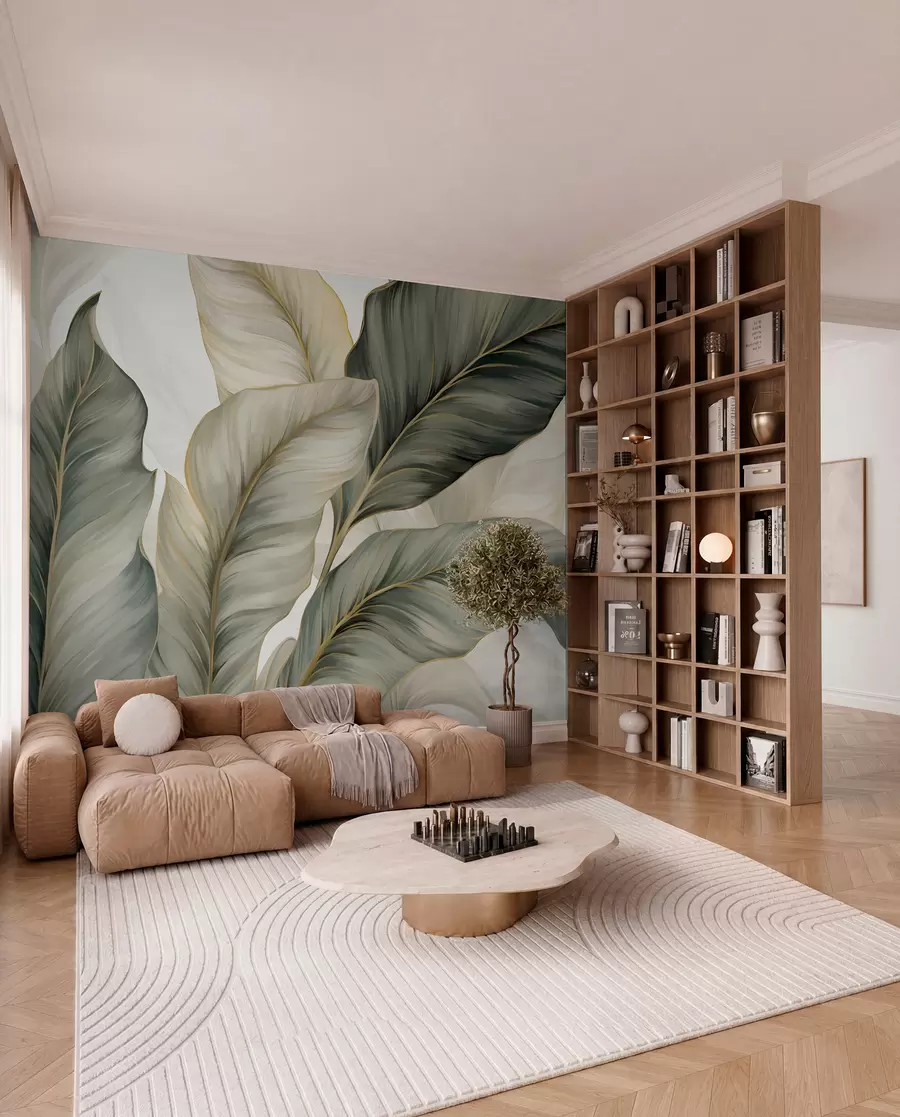 murais de parede Folhas grandes, estilizadas e texturadas com veios pormenorizados em vários tons de verde, creme e bege w08785