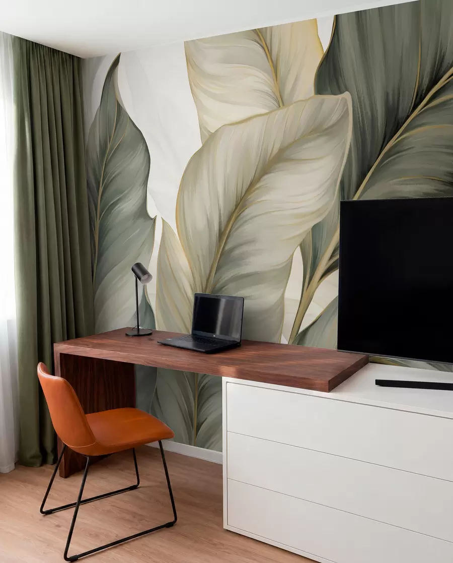 murais de parede Folhas grandes, estilizadas e texturadas com veios pormenorizados em vários tons de verde, creme e bege w08785