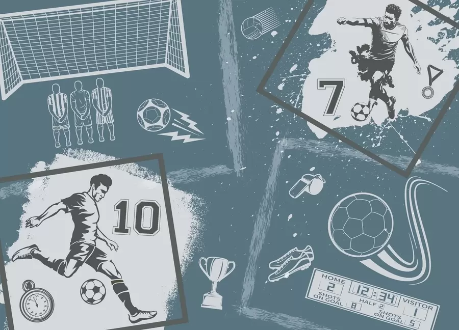 murais de parede Jogadores de futebol, bola e outros atributos do futebol em tons de azul w03122