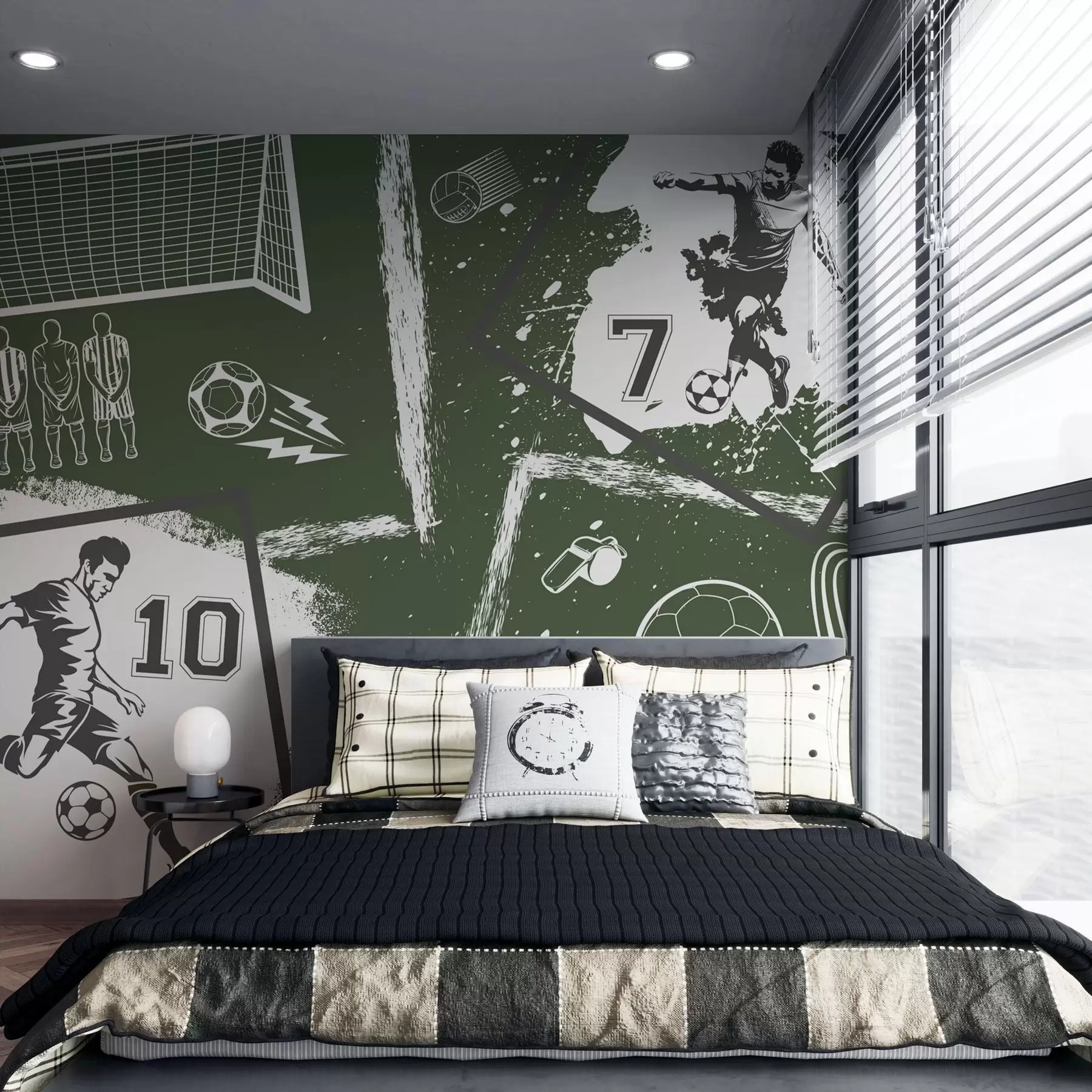 murais de parede Jogadores de futebol, bola e outros atributos do futebol em tons de verde w03122v2