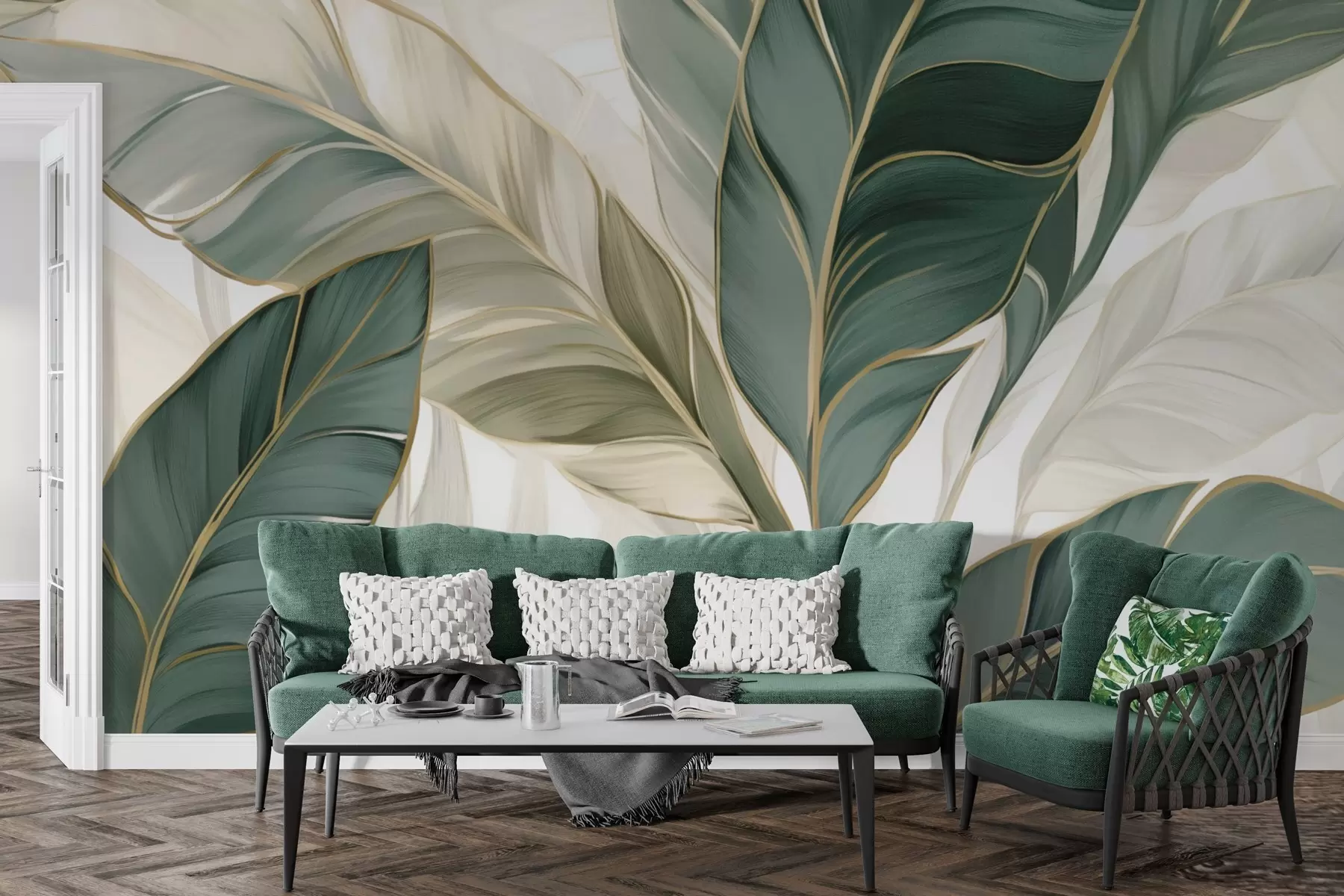 murais de parede Folhas tropicais verdes sobre fundo cinzento e branco w03124