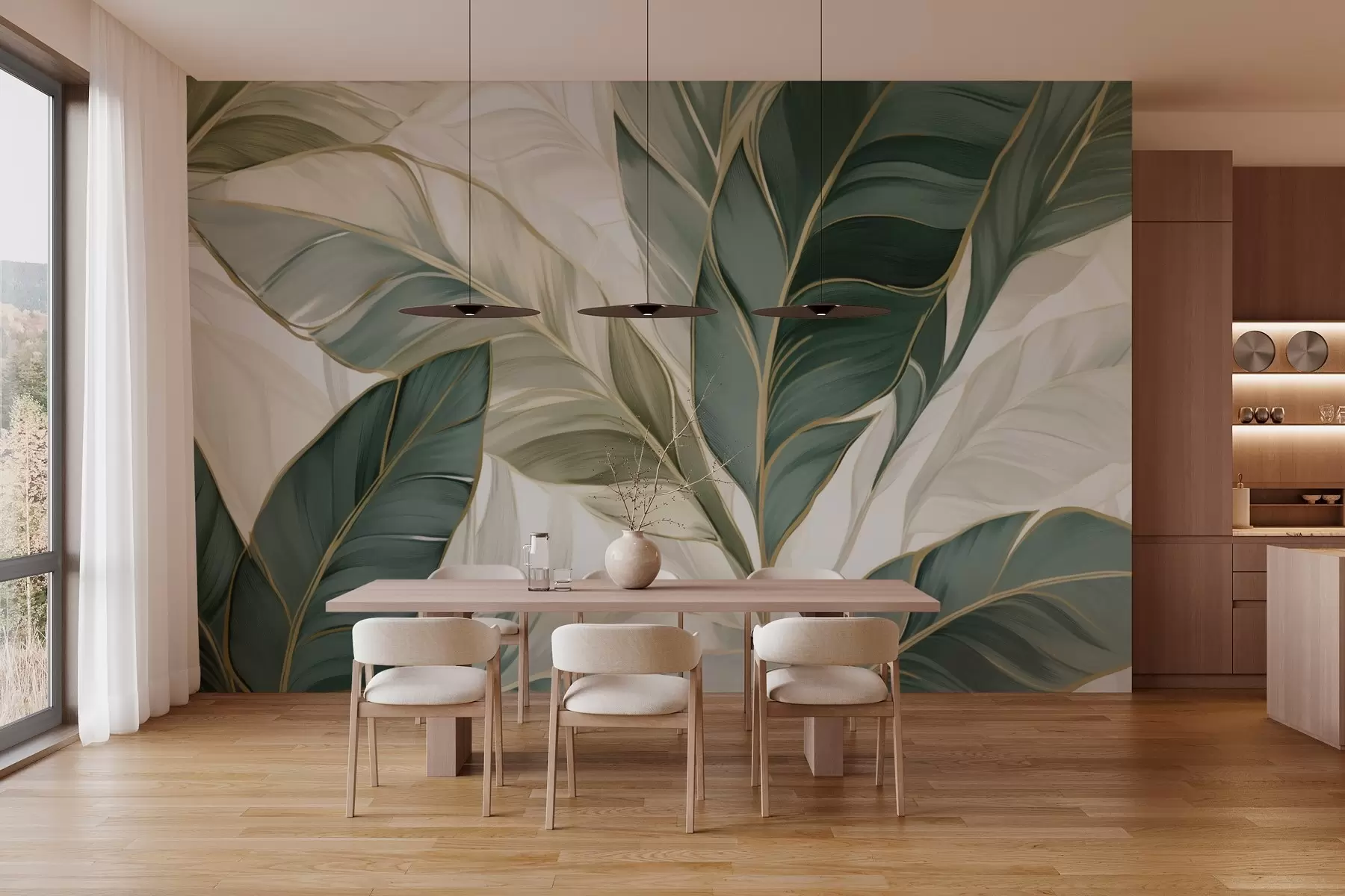 murais de parede Folhas tropicais verdes sobre fundo cinzento e branco w03124