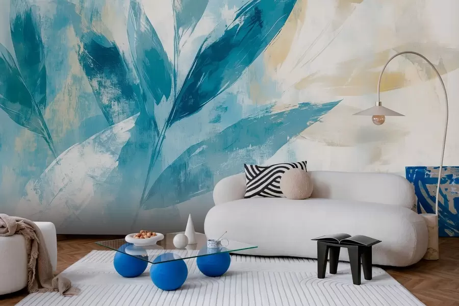 murais de parede folhas azuis no estilo de pinceladas abstractas w03109