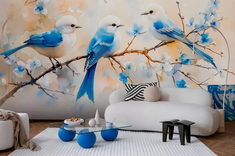 murais de parede aves canoras da primavera num ramo de árvore em estilo aguarela w03112