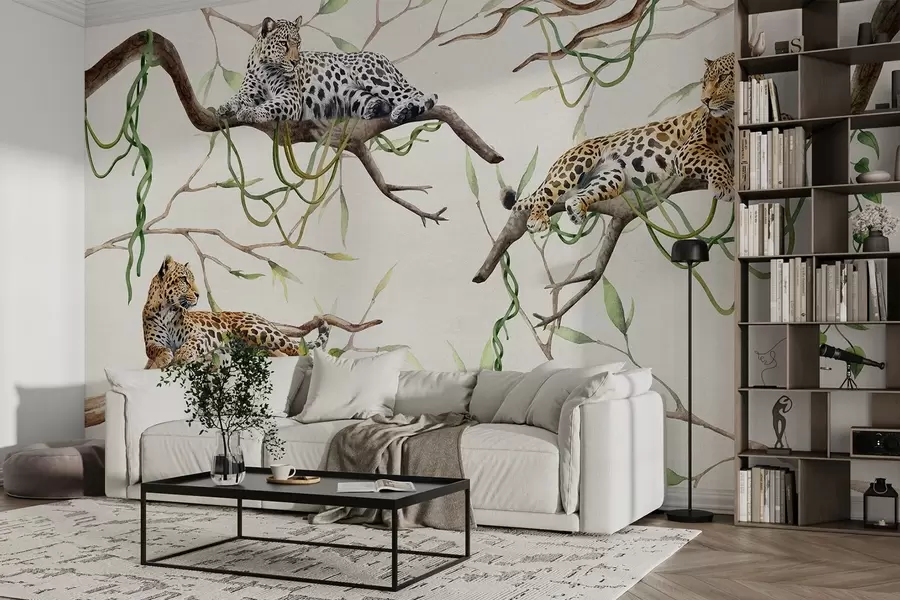 murais de parede Leopardos nas árvores da selva, lianas, tropical, animais selvagens, palete de cores naturais w03146