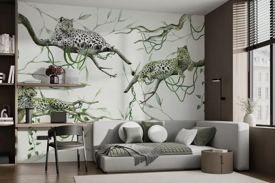 murais de parede Leopardos nas árvores da selva, lianas, tropical, animais selvagens, palete de cores verdes w03146v1