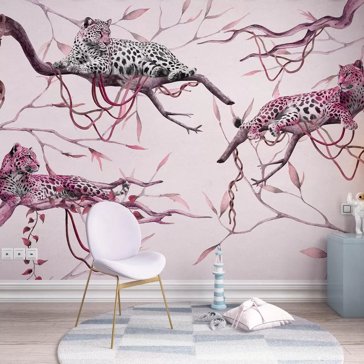 murais de parede Leopardos nas árvores da selva, cipós, tropical, animais selvagens, palete de cores rosa w03146v2
