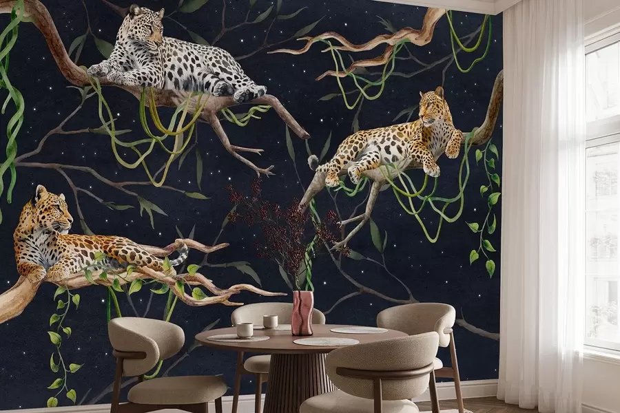 murais de parede Leopardos nas árvores da selva, cipós, tropical, animais selvagens, céu noturno com estrelas w03148