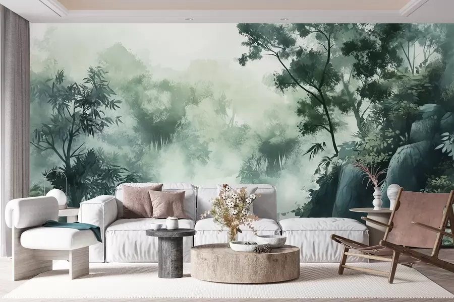 murais de parede Paisagem oriental, selva, árvores, estilo aguarela, cores verdes w03149