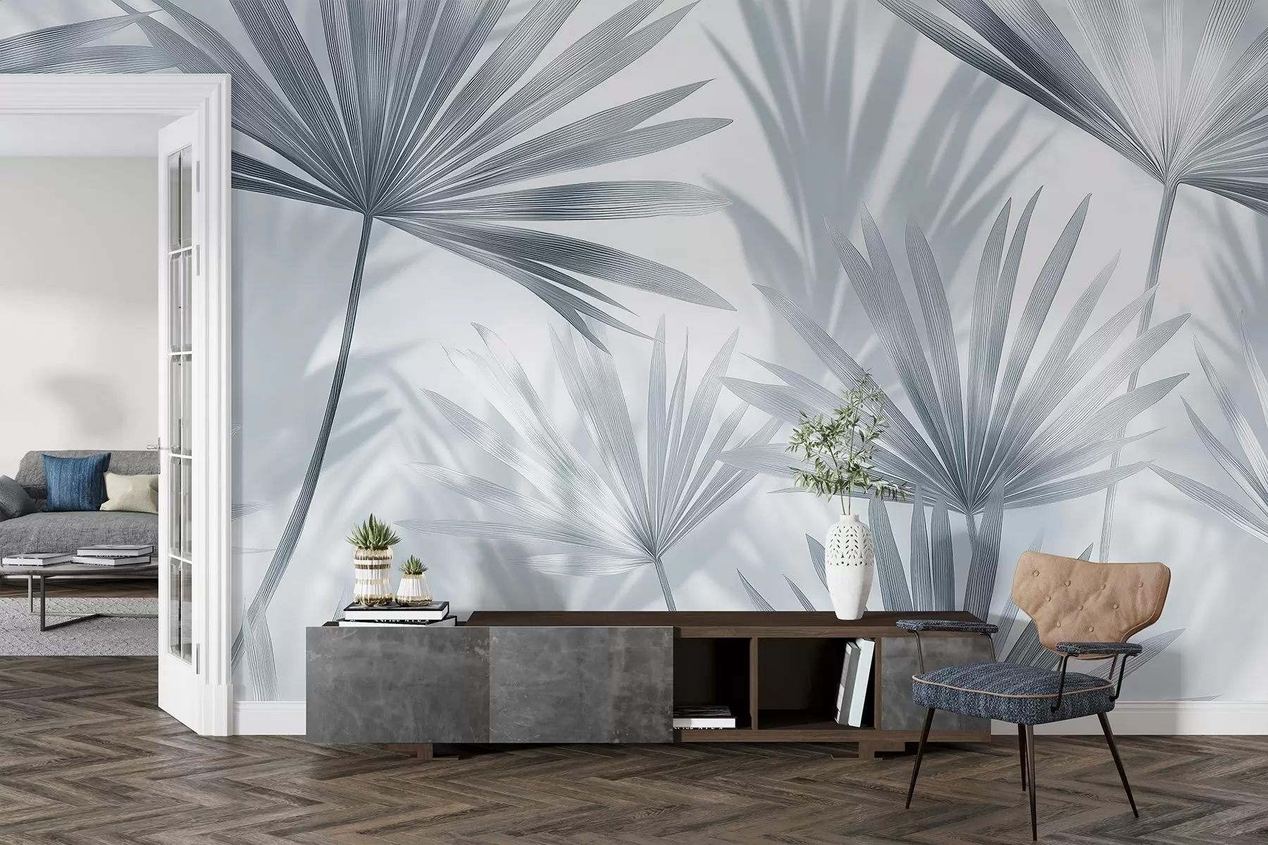 murais de parede Folhas de palmeira, padrão floral, minimalismo, tropical, cores cinzentas w03152v1
