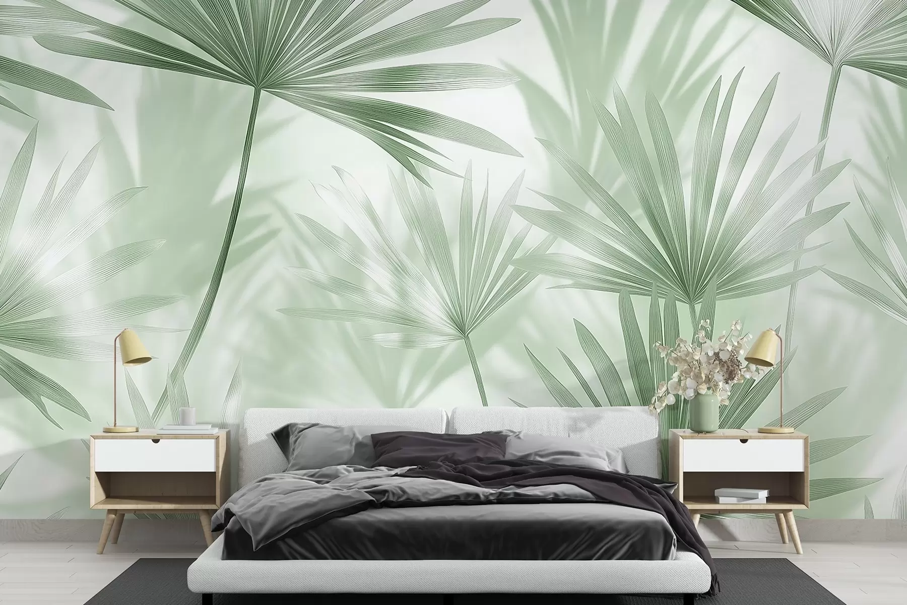 murais de parede Folhas de palmeira, padrão floral, minimalismo, tropical, cores verdes w03152v2