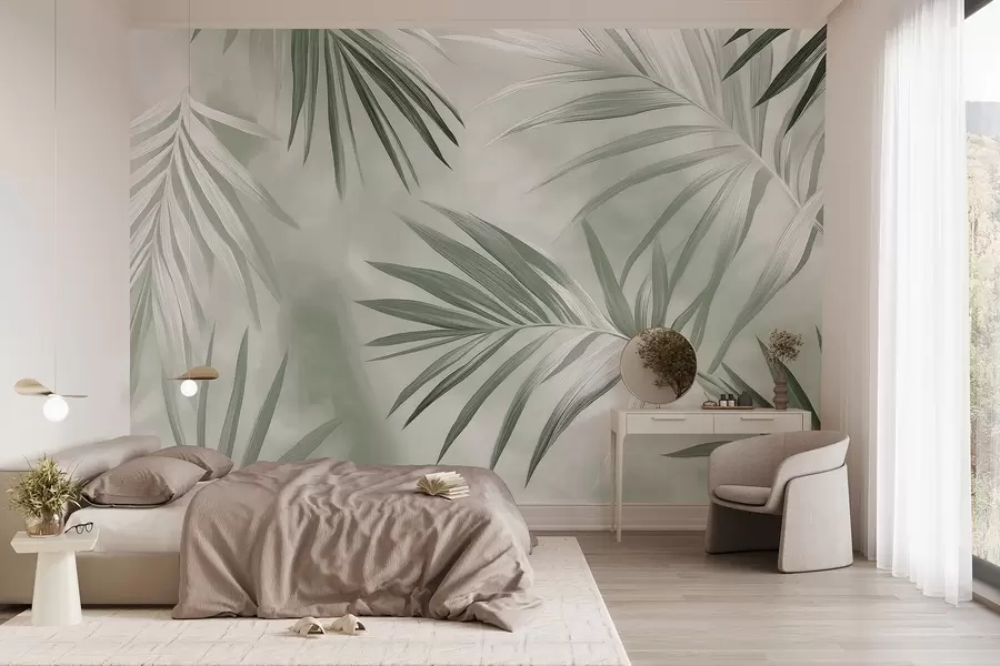 murais de parede Abstração de folhas tropicais, palmeira, paleta de cores verde  w03153v2