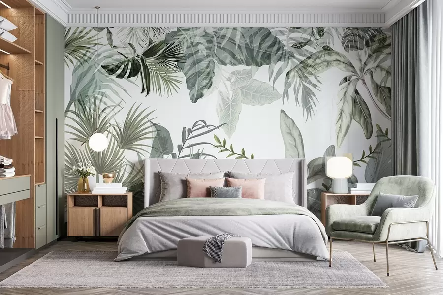 murais de parede Folhas tropicais transparentes em tons de verde sobre um fundo branco w08822