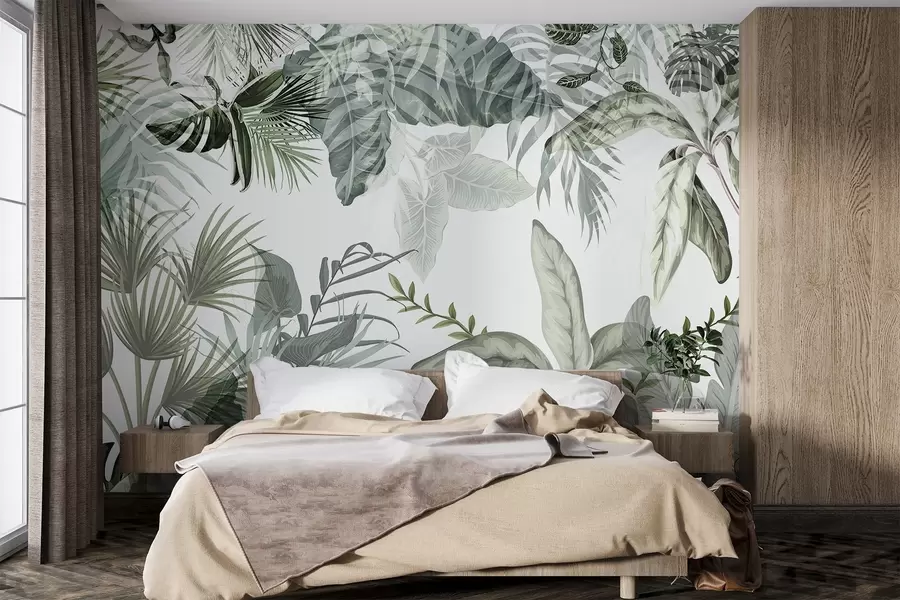 murais de parede Folhas tropicais transparentes em tons de verde sobre um fundo branco w08822
