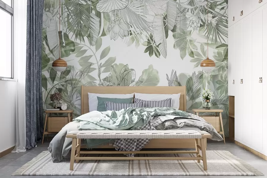 murais de parede Plantas e folhas tropicais impressas na selva verde sobre um fundo branco w08823