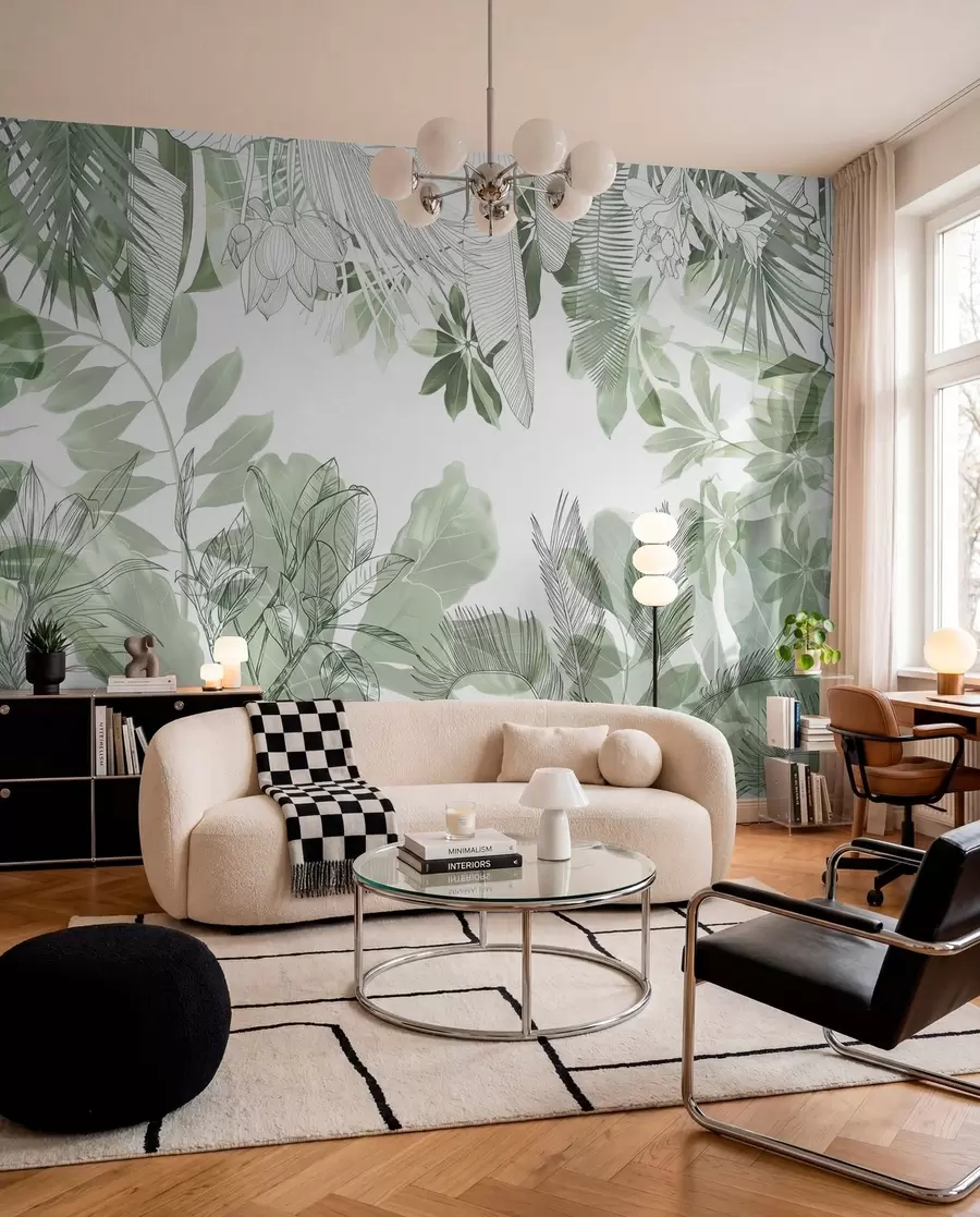 murais de parede Plantas e folhas tropicais impressas na selva verde sobre um fundo branco w08823