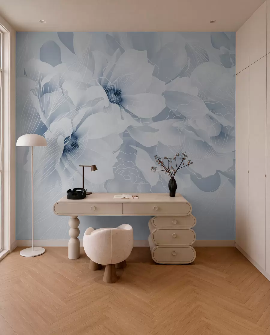 murais de parede Flores de peónia em tons pastel com pétalas delicadas brancas e azuis e linhas brancas sobre um fundo azul claro w08826