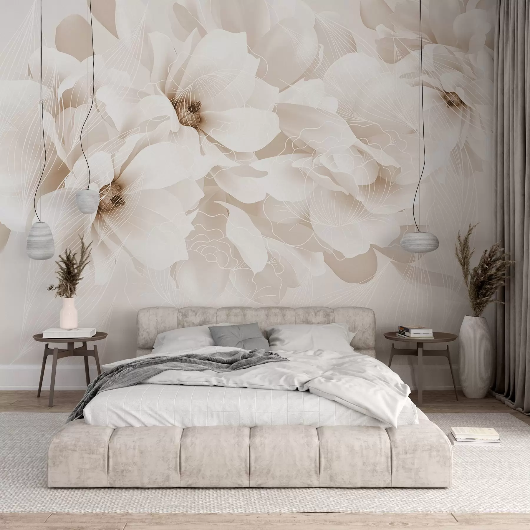 murais de parede Flores de peónia em tons pastel com pétalas delicadas brancas e bege e linhas brancas sobre um fundo bege claro w08826v1