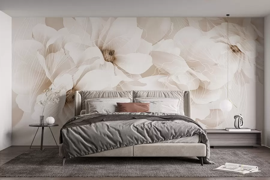 murais de parede Flores de peónia em tons pastel com pétalas delicadas brancas e bege e linhas brancas sobre um fundo bege claro w08826v1