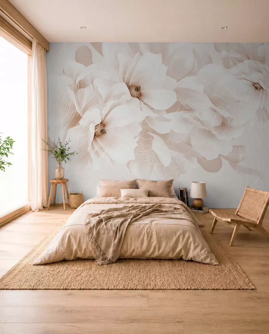 murais de parede Flores de peónia em tons pastel com pétalas delicadas brancas e bege e linhas brancas sobre um fundo bege claro w08826v1