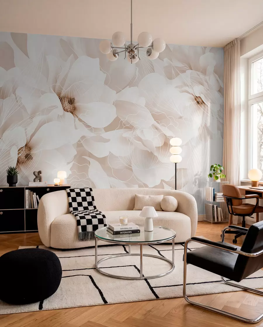 murais de parede Flores de peónia em tons pastel com pétalas delicadas brancas e bege e linhas brancas sobre um fundo bege claro w08826v1
